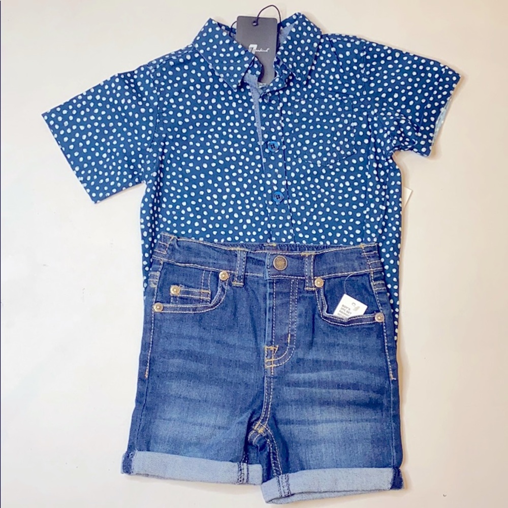 7FAM Boy’s outfit Navy Dot Shirt and Denim Shorts
